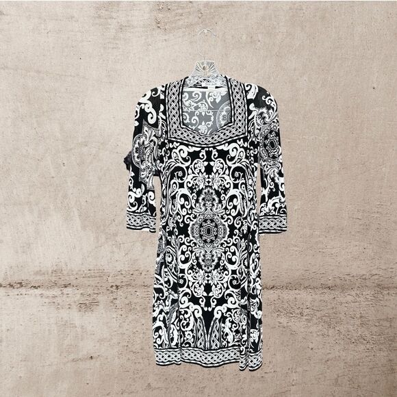 WHBM Black & White 3/4 Sleeve Square Neck Lightweight Pattern Midi-Knee Size XS - Picture 11 of 12
